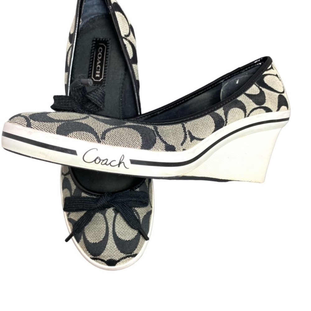 Coach Black Signature Monogram Print Slip-On Wedge Shoestring Bow Front Sz 6…